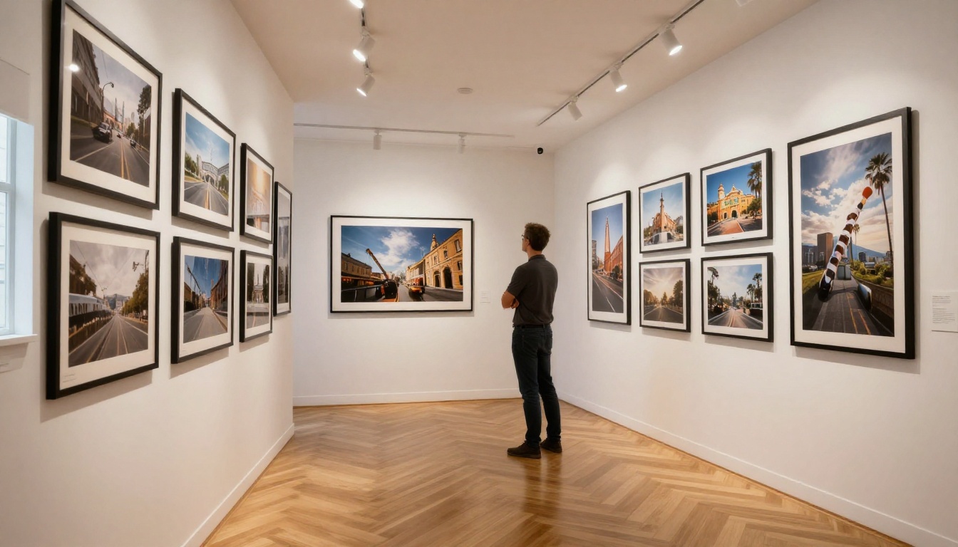 Creative agency gallery wall with large framed AI-generated photorealistic prints under directional halogen lighting