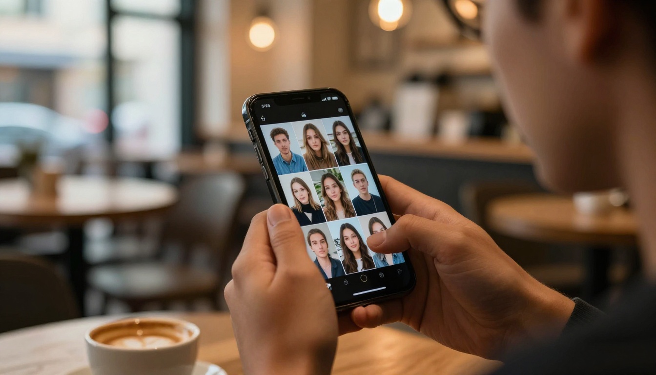 Person reviewing AI image gallery on smartphone at cozy cafe with warm Edison bulb lighting