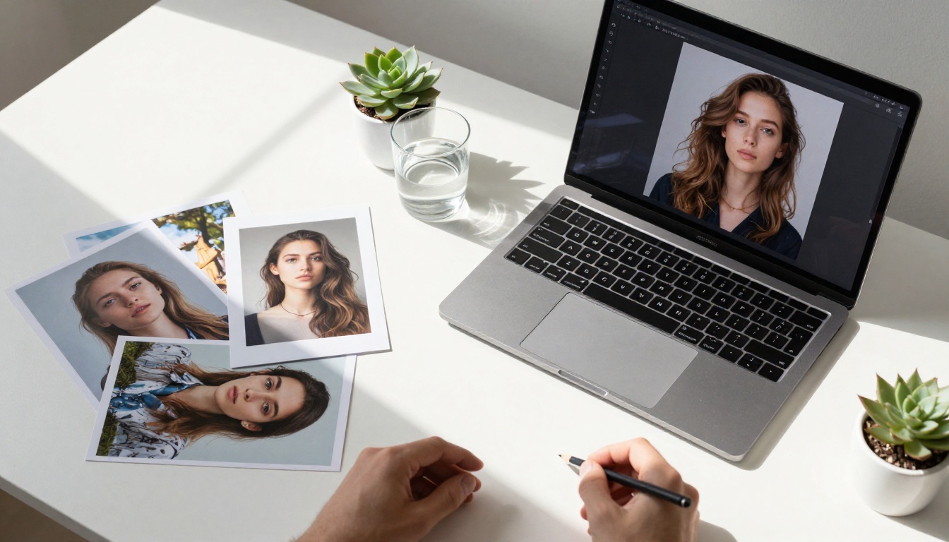 Aerial overhead view of minimalist white workspace with laptop, printed AI portraits, and scattered creative materials