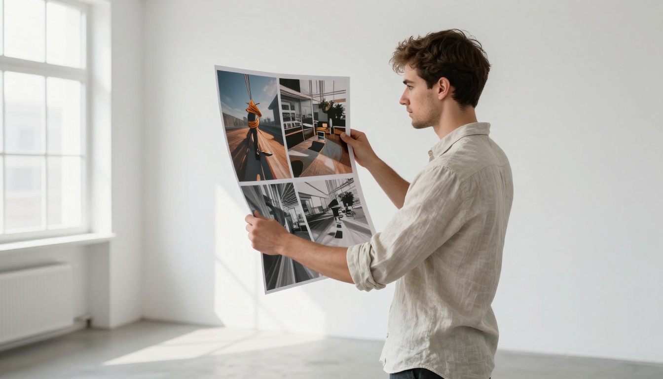 Digital artist comparing two large photographic prints side by side in bright minimalist studio