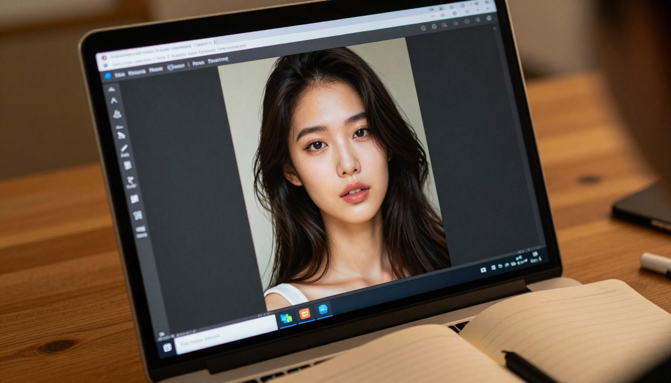 Laptop screen close-up displaying AI-generated photorealistic portrait with text prompt input field visible