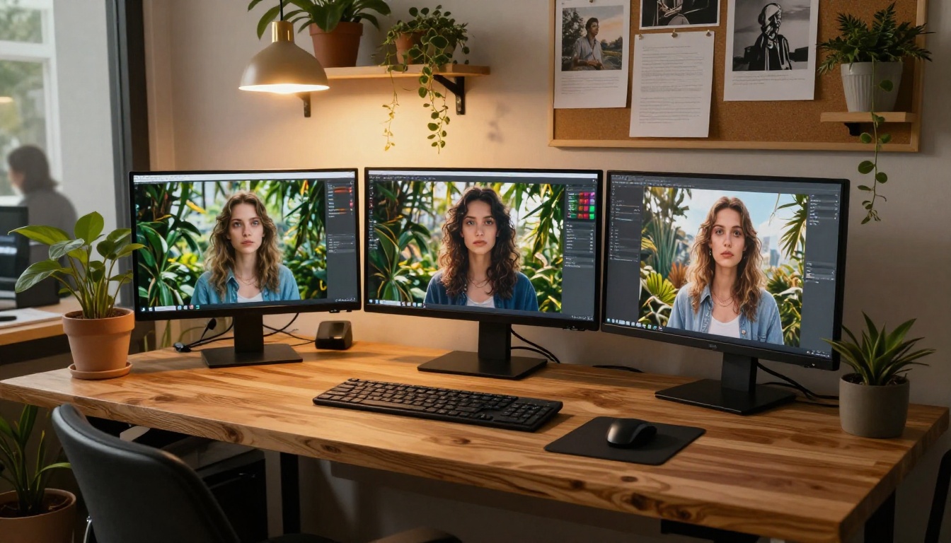 Wide-shot creative studio with three monitors displaying AI-generated images, plants, and warm pendant lamp lighting