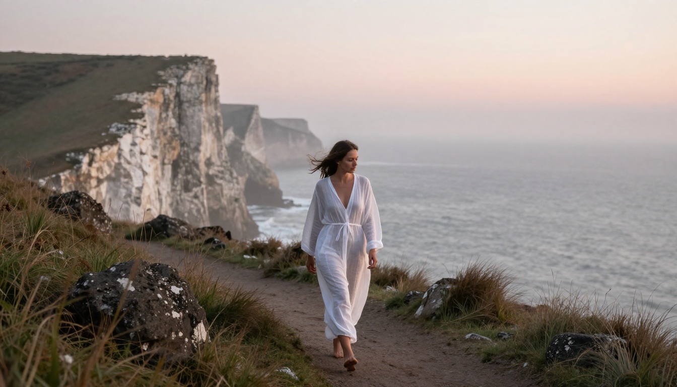 Woman in sheer white coverup walking along misty coastal cliff at dawn