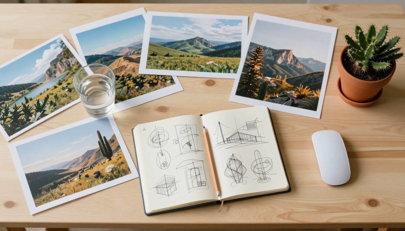 Aerial view of creative workspace with printed AI artworks spread out on desk