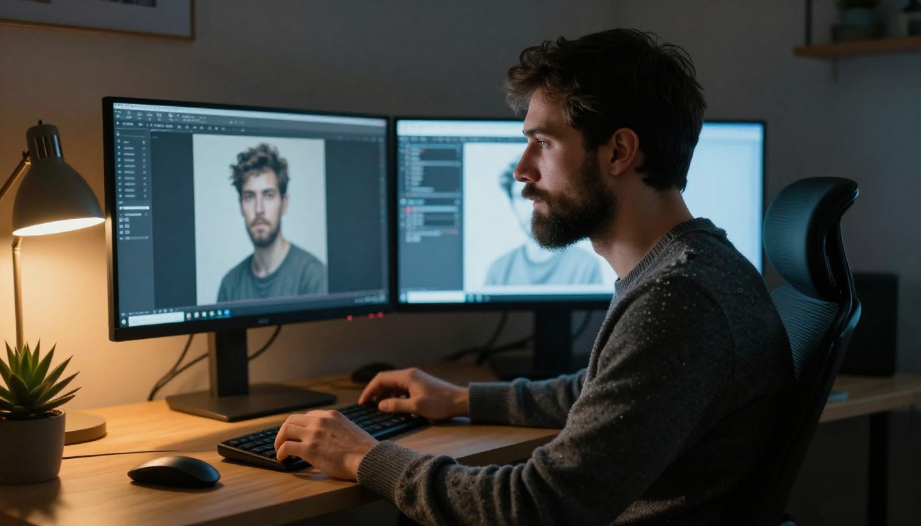 Man comparing AI-generated portraits across dual monitors in a home office