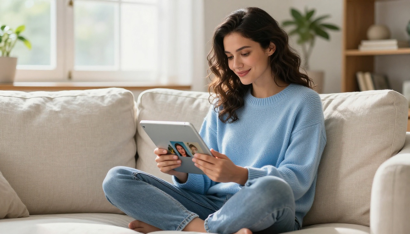 Woman browsing AI-generated image gallery on tablet in bright living room