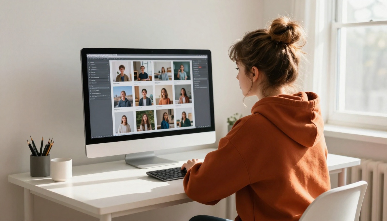 Professional woman in modern office comparing two large printed AI artworks
