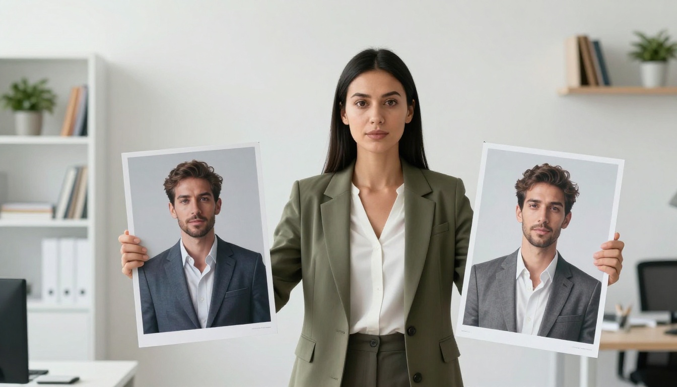 Over-the-shoulder view of woman at minimalist desk with AI image gallery on ultrawide monitor