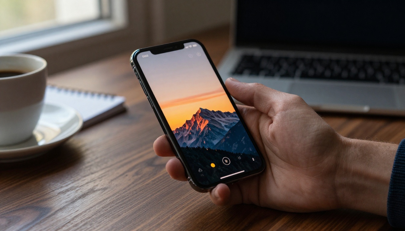 Hand holding smartphone downloading a freshly generated AI landscape image