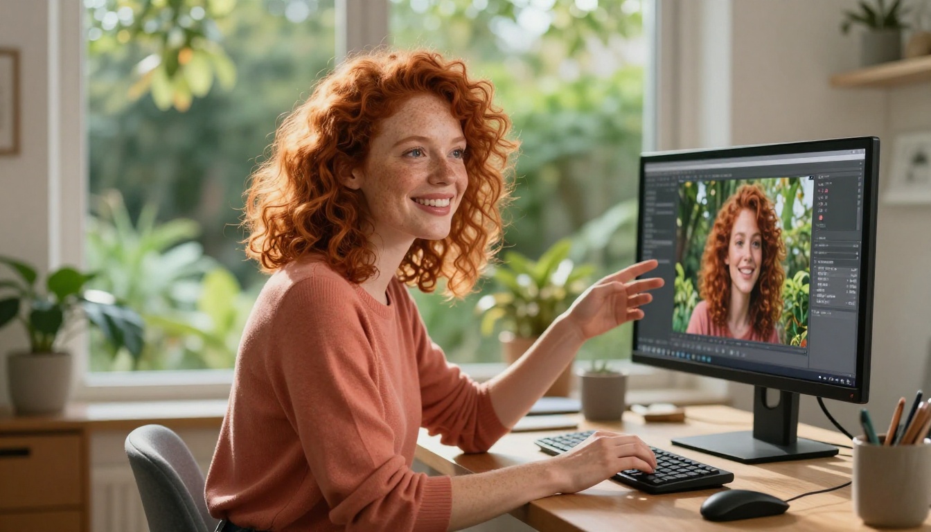 Smiling woman with curly red hair at home office overlooking garden, gesturing at freshly generated AI image on screen