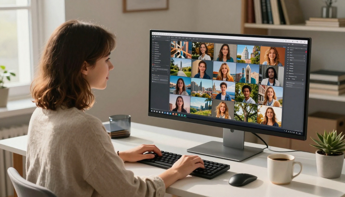 A creative professional browsing through dozens of AI model options on a large curved monitor in a bright modern studio