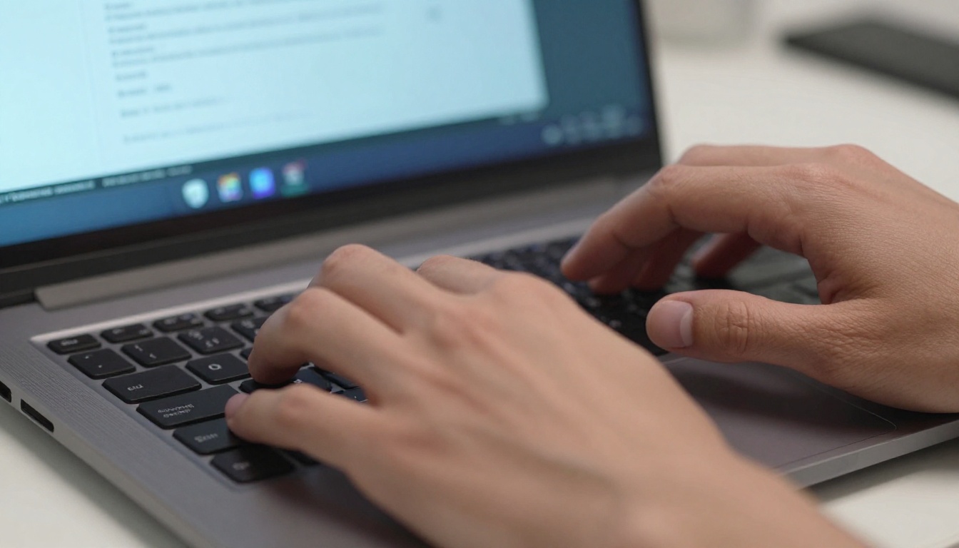 Close-up of hands hovering over a laptop keyboard in frustration, screen blurred in background, cold blue office lighting, fine skin texture detail, RAW 8K photography