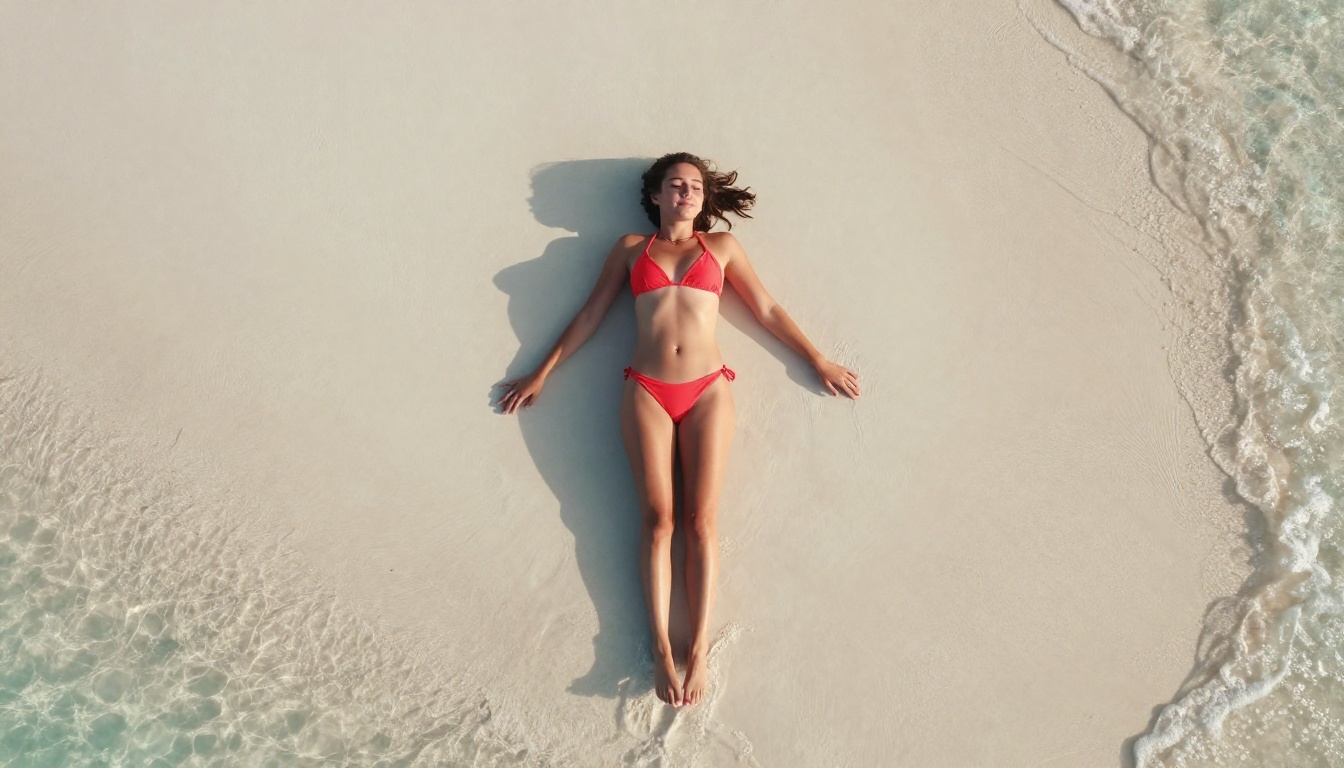 Aerial drone view of a woman in a coral red bikini relaxing on pristine white tropical beach sand, turquoise water at frame edge, golden afternoon light, Kodak Portra 400 film grain, RAW 8K photography