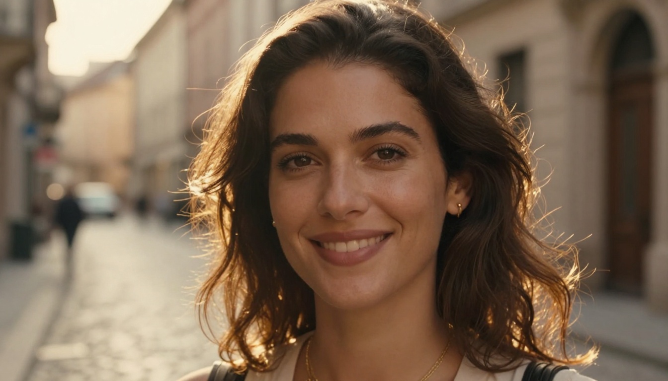 Close-up beauty portrait of a woman with olive skin on a European cobblestone street at golden hour, warm backlight creating rim light halo, 85mm f/1.4 extreme bokeh, Kodak Portra 400, RAW 8K photography