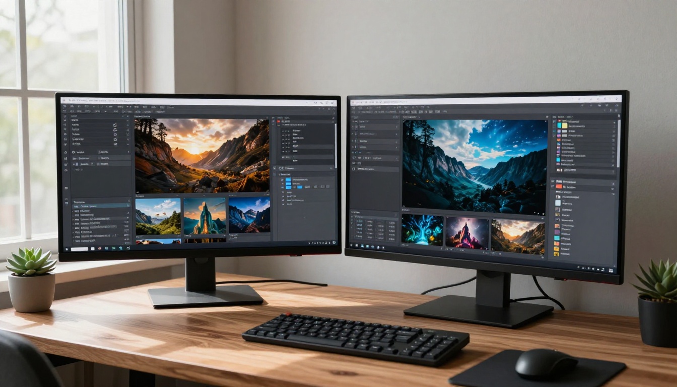 Two large widescreen monitors on a walnut wood studio desk showing AI image platform interfaces with model grids, natural diffused window daylight, 50mm f/2.8, wood grain texture visible, RAW 8K photography