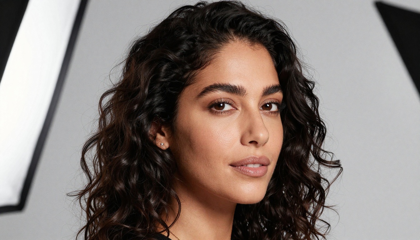 Professional studio beauty portrait of a woman with dark curly hair, octabox softbox from upper right creating perfect catchlight, 85mm f/1.2 ultra shallow depth of field, Kodak Portra 400 color rendition, film grain, RAW 8K photography