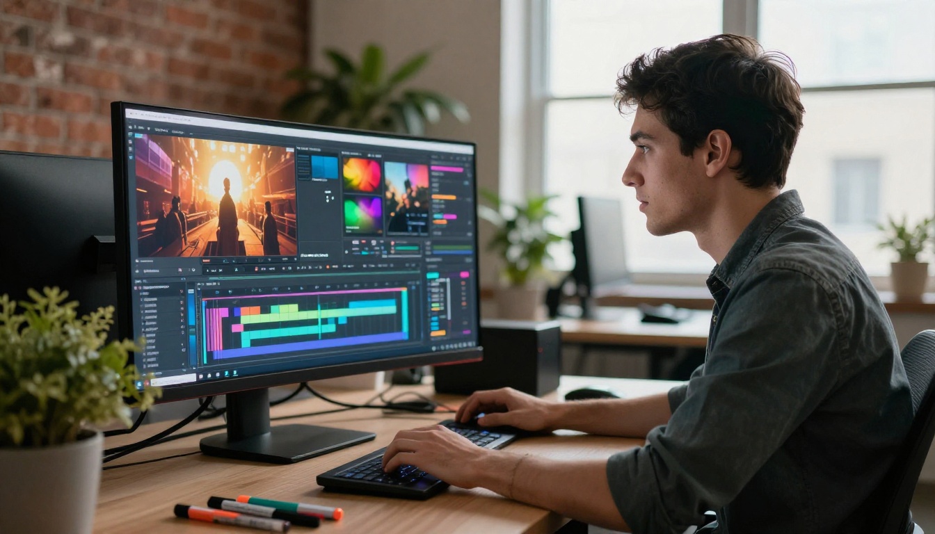 Young man at a creative agency editing video on a large ultrawide monitor, mixed monitor glow and natural window light from right, 35mm f/2.5, graphics tablet and markers on desk, exposed brick wall bokeh, RAW 8K photography