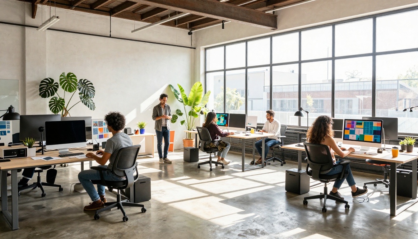 Wide shot of a bright open-plan creative studio with diverse designers at standing desks and workstations, floor-to-ceiling industrial windows with midday natural light, 24mm f/4 full depth of field, genuine candid collaborative atmosphere, Kodak Portra 400, RAW 8K photography