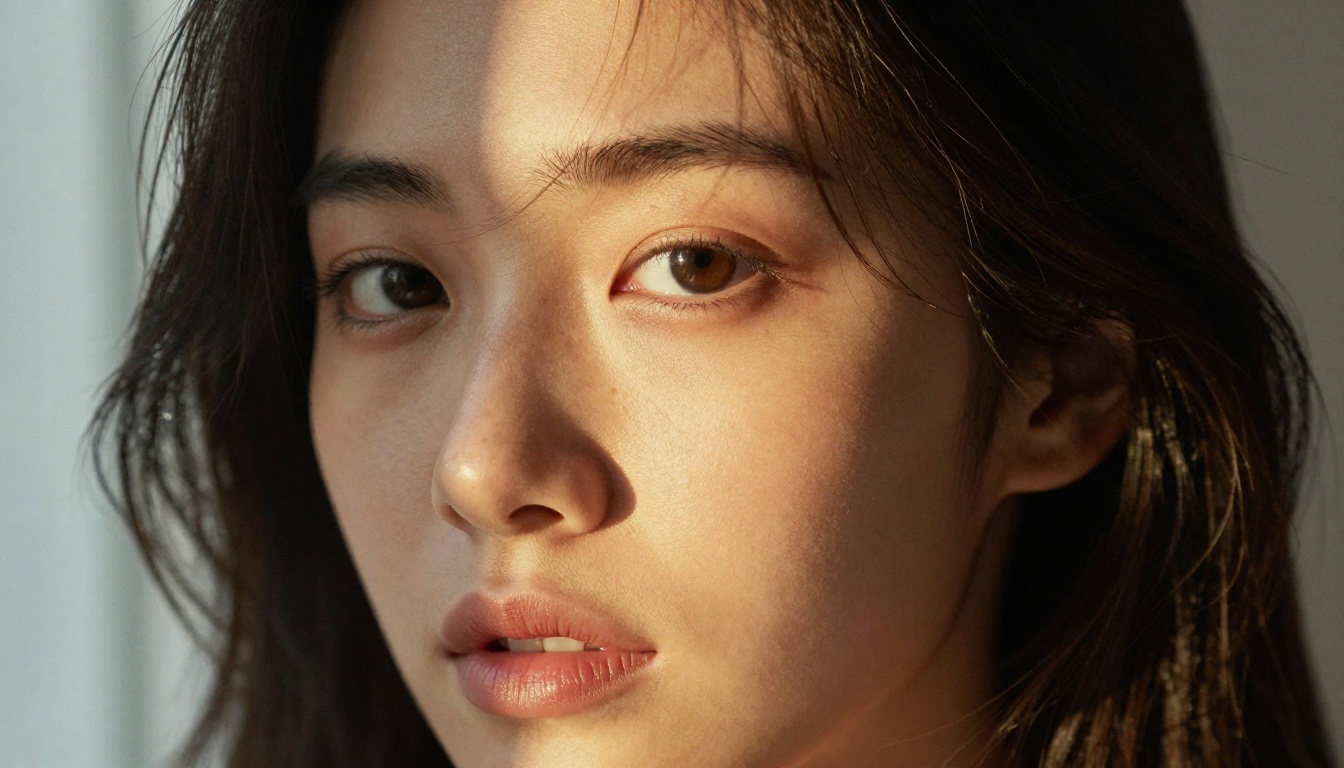 Close-up portrait with dramatic chiaroscuro lighting, flawless skin detail and freckles