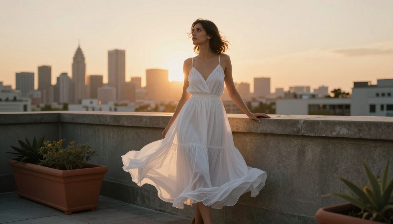 Woman in white dress on rooftop terrace at golden hour, soft bokeh cityscape behind her