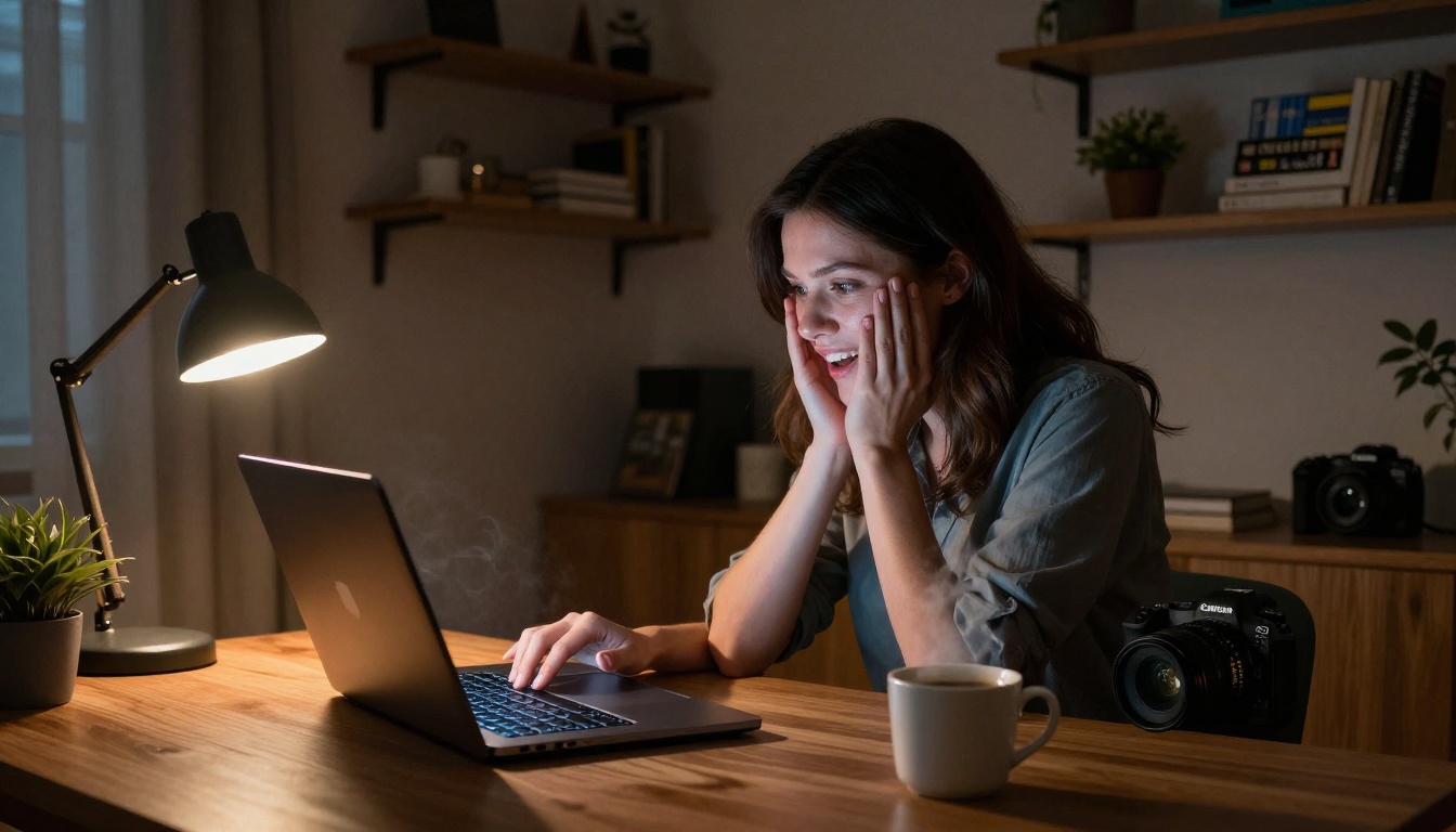 Woman at laptop with expression of delight in a cozy studio workspace, warm amber desk lamp