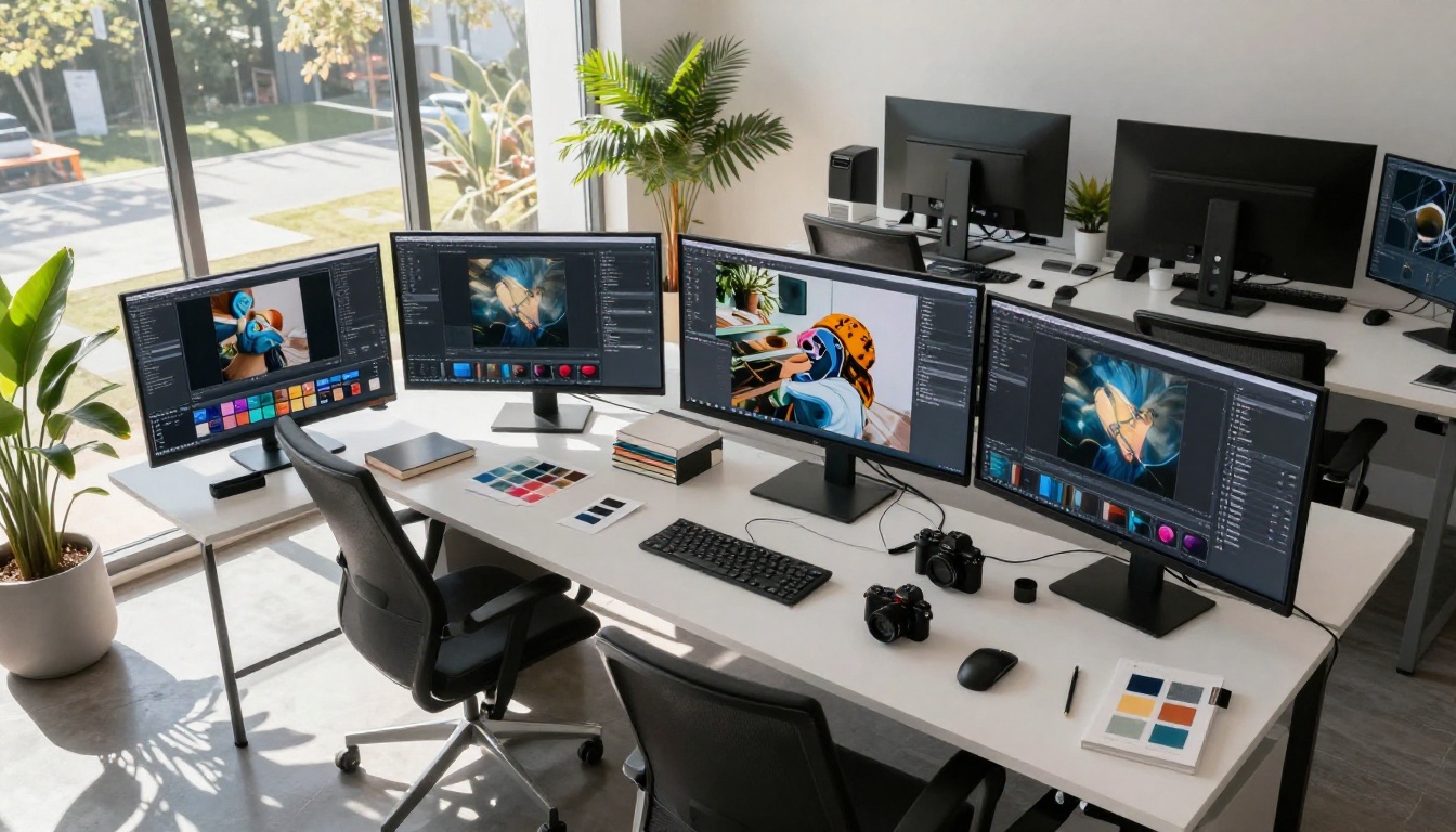 Creative AI workspace with multiple screens showing generated artwork Creative AI workspace with multiple screens showing generated artwork