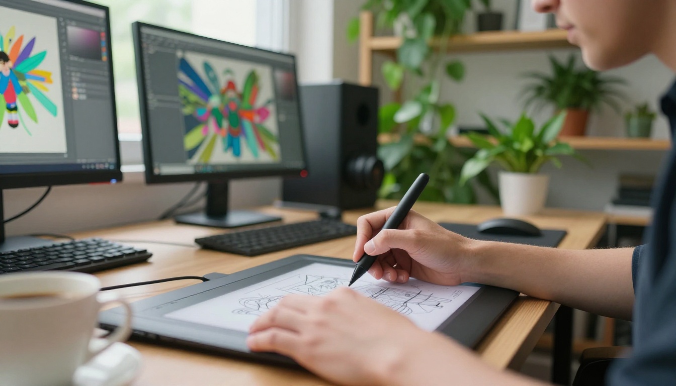 Digital artist working at their creative workspace with tablet Digital artist working at their creative workspace with tablet