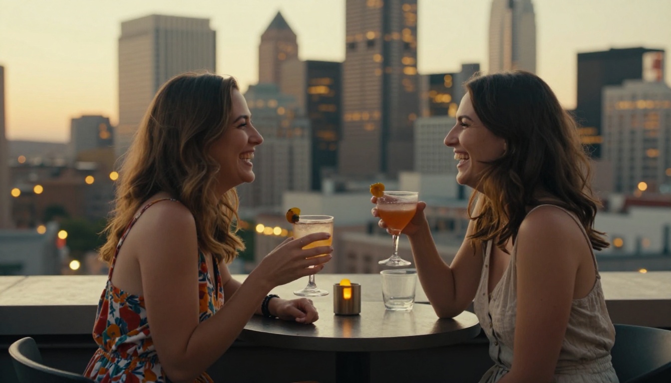 Two women enjoying cocktails at rooftop bar at golden hour