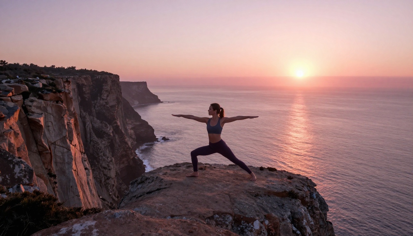 Woman doing yoga on coastal cliff at sunrise overlooking the ocean