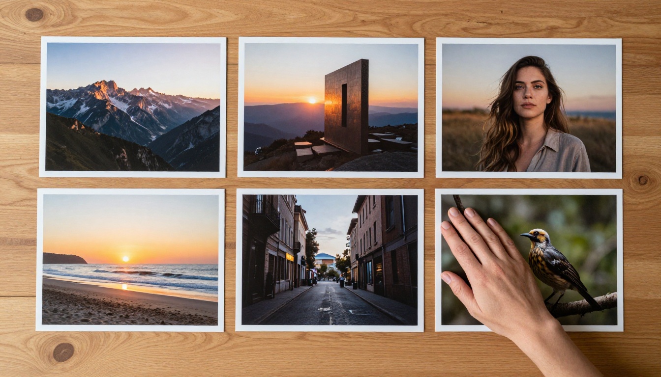 Aerial overhead view of multiple printed AI photographs spread across a natural oak wooden table Aerial overhead view of multiple printed AI photographs spread across a natural oak wooden table