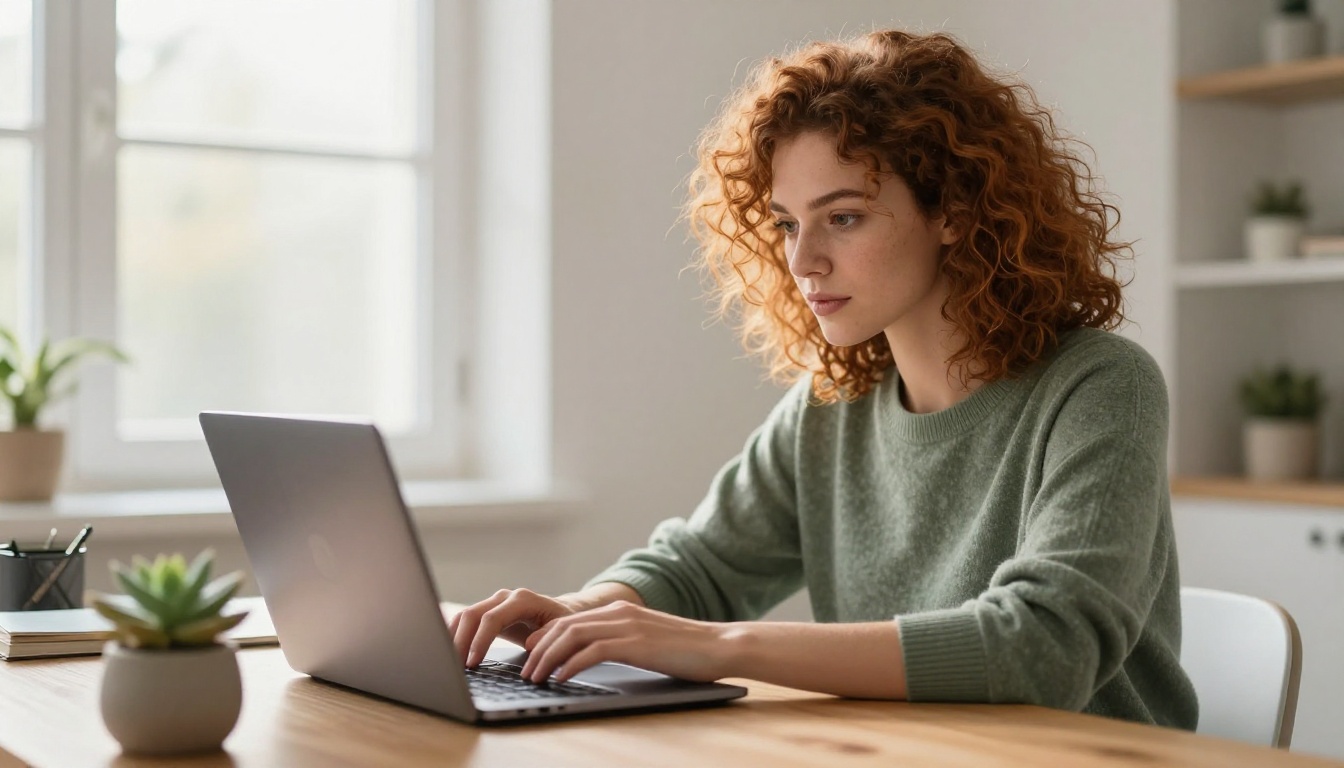 Young woman with curly auburn hair focused on a laptop showing an AI image gallery Young woman with curly auburn hair focused on a laptop showing an AI image gallery