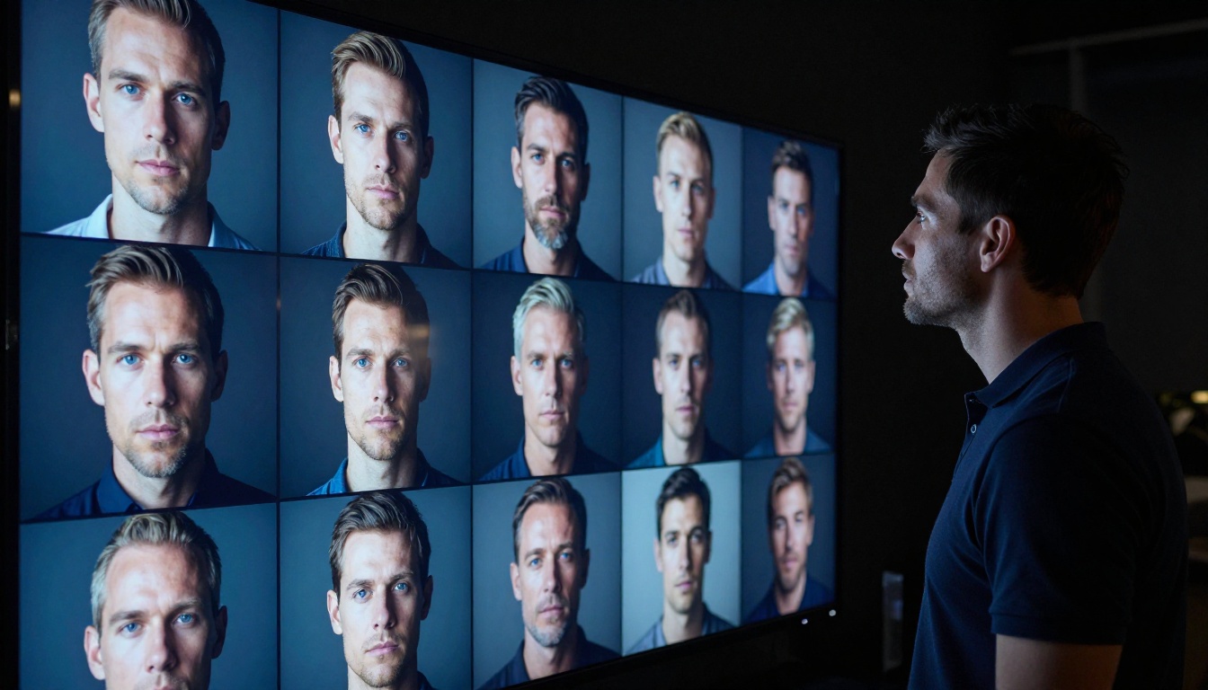 Man in profile gazing at a large backlit display of AI portrait images in a dark room Man in profile gazing at a large backlit display of AI portrait images in a dark room