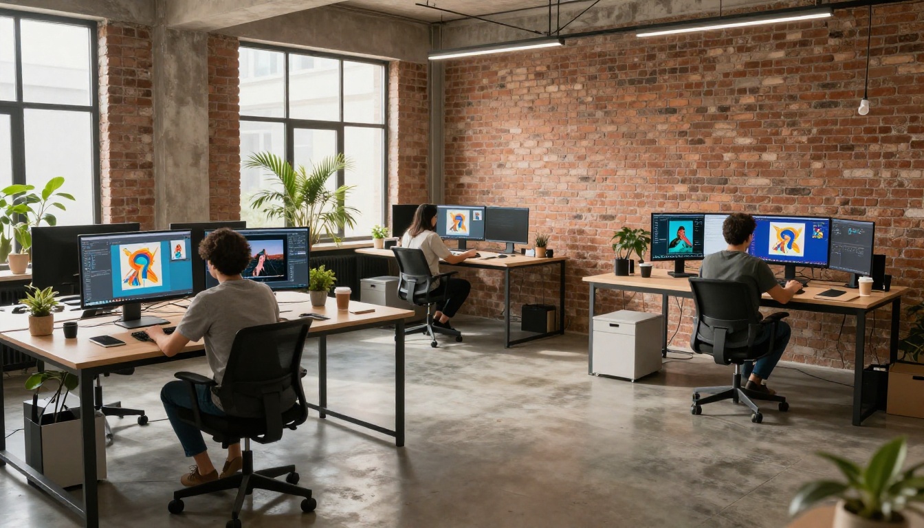 Modern open-plan creative studio with three workstations showing AI-generated artwork in production Modern open-plan creative studio with three workstations showing AI-generated artwork in production