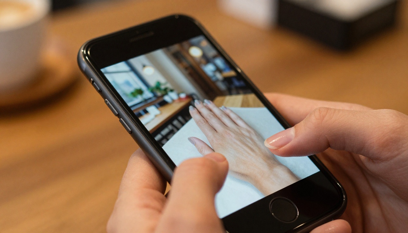 Woman's hands scrolling through an AI image gallery on a smartphone in a warm coffee shop setting