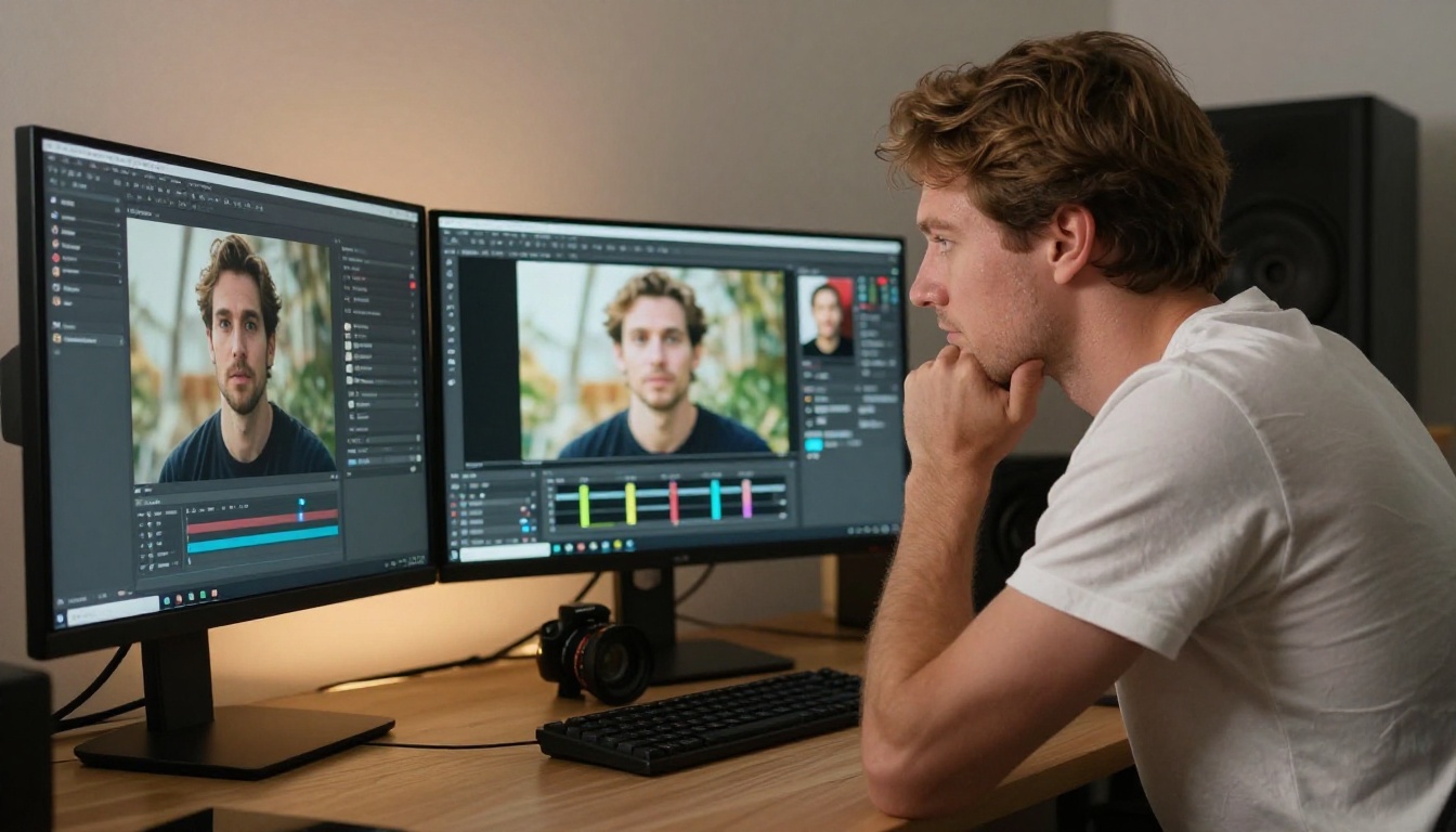Professional content creator at a triple monitor setup comparing AI image platform results