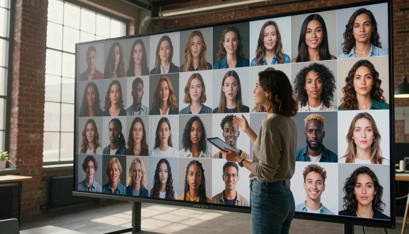 Creative professional with monitor wall displaying AI-generated images