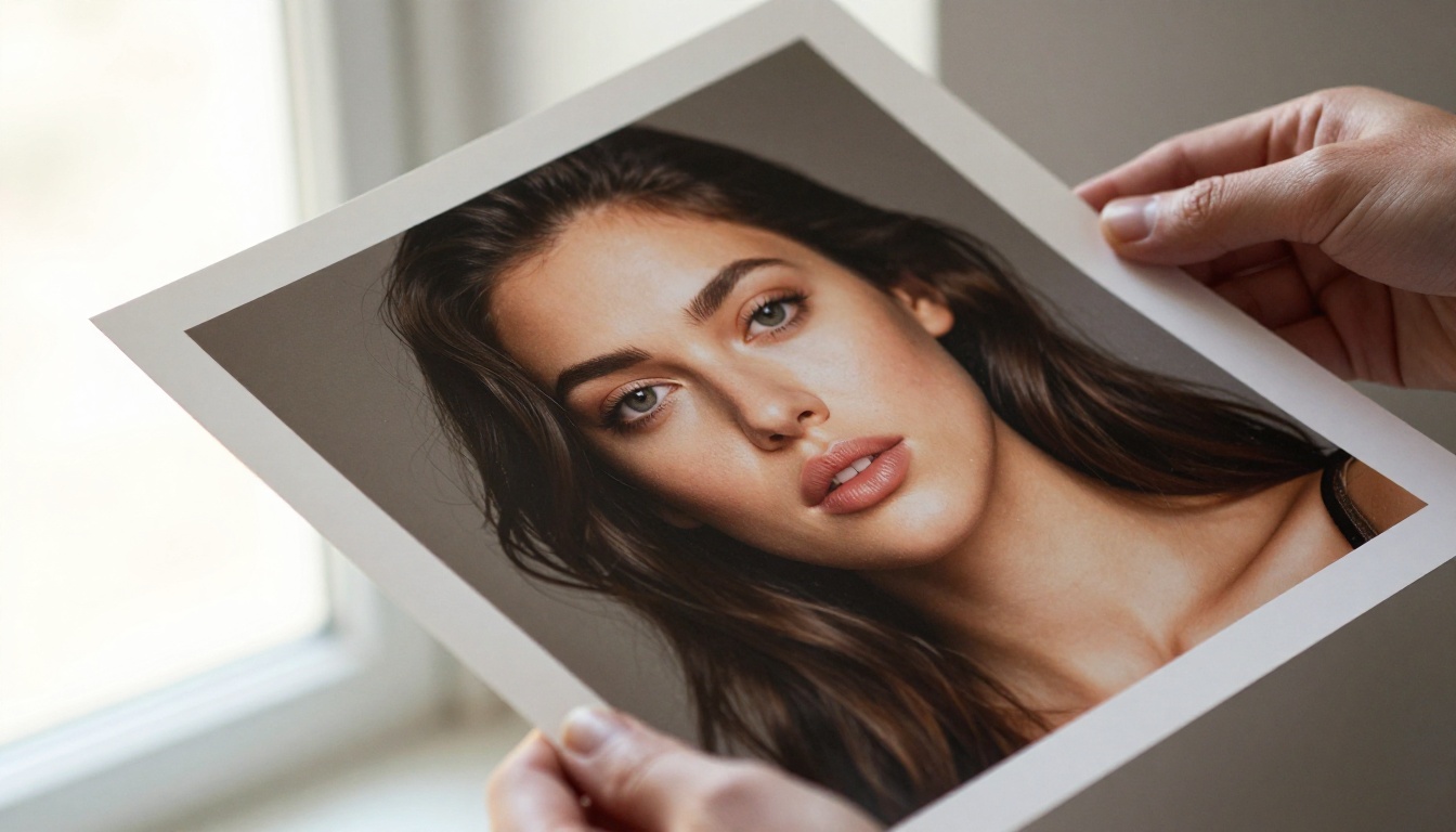 Large format photographic print held up to bright window light showing extraordinary AI portrait detail