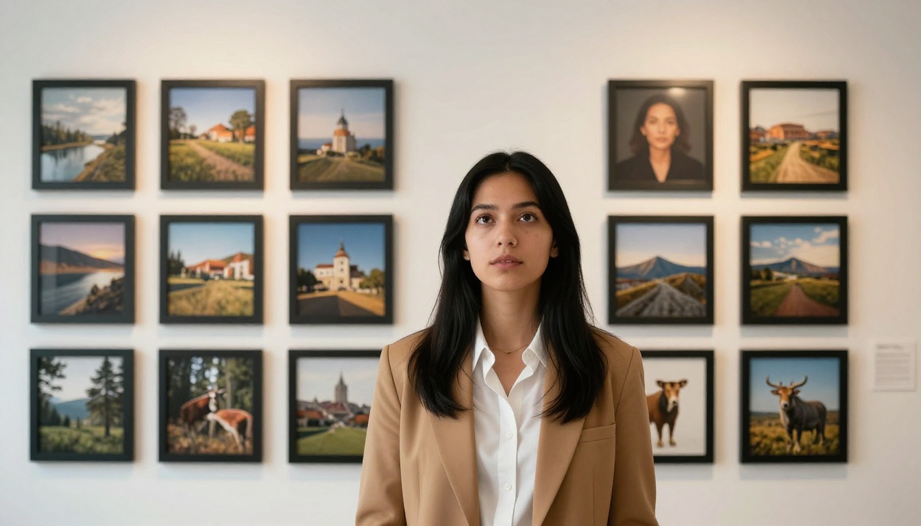 Young woman standing confidently in front of a gallery wall of diverse AI-generated photorealistic prints