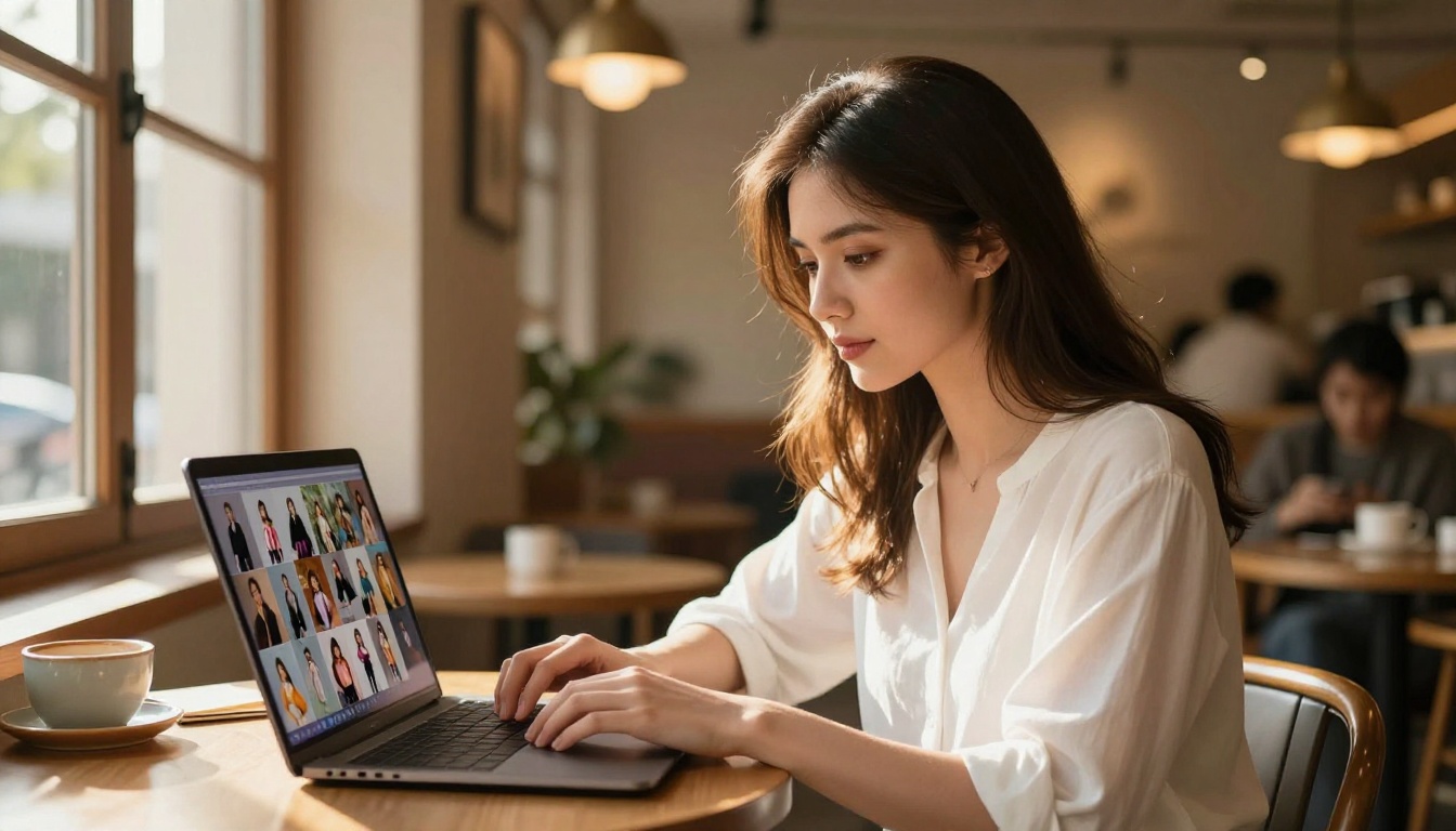 Woman working on AI images in a sunlit cafe