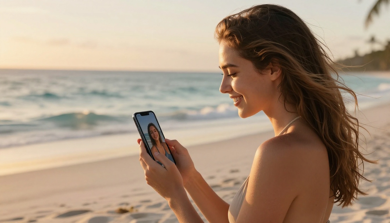 Woman on beach using AI image app on smartphone