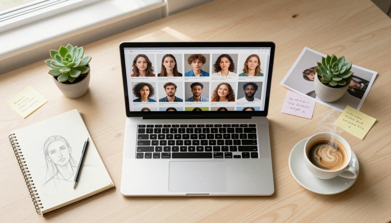 Creative workspace flat lay with laptop showing AI-generated portrait grid