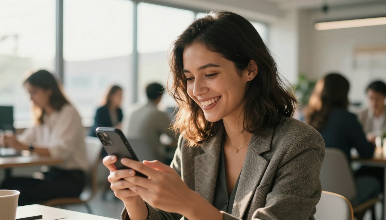 Creative professional laughing while reviewing AI-generated images on phone