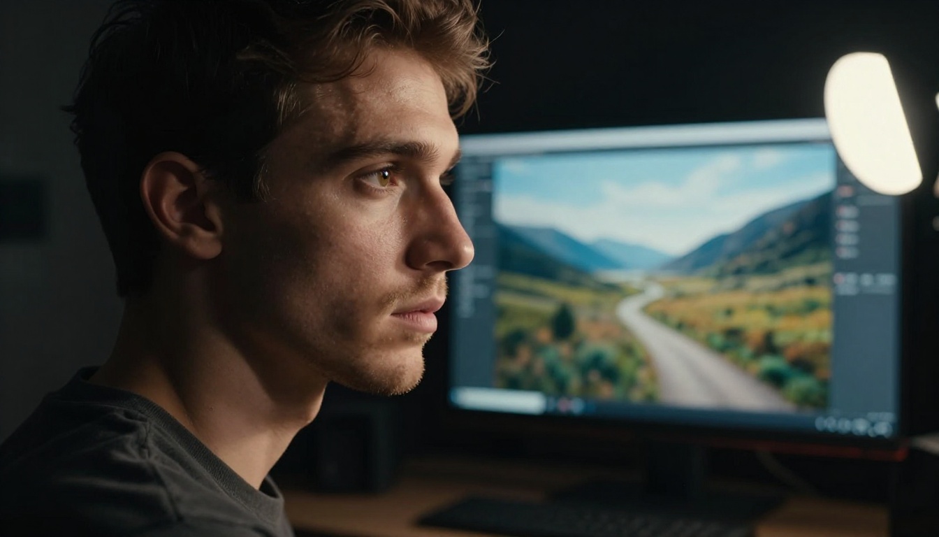 Focused creator in studio reviewing high-resolution AI-generated photography