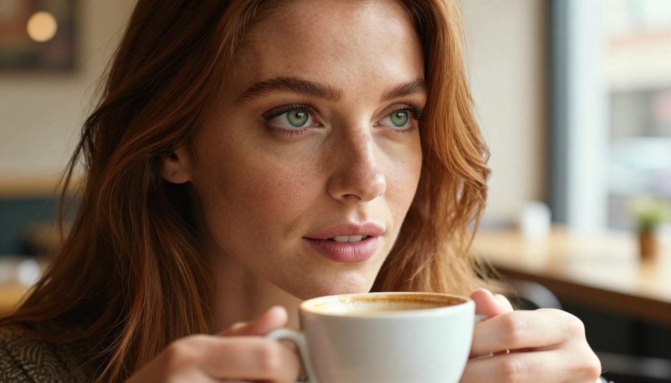Consistent AI portrait of auburn-haired woman in café with sharp facial detail and soft bokeh background Consistent AI portrait of auburn-haired woman in café with sharp facial detail and soft bokeh background