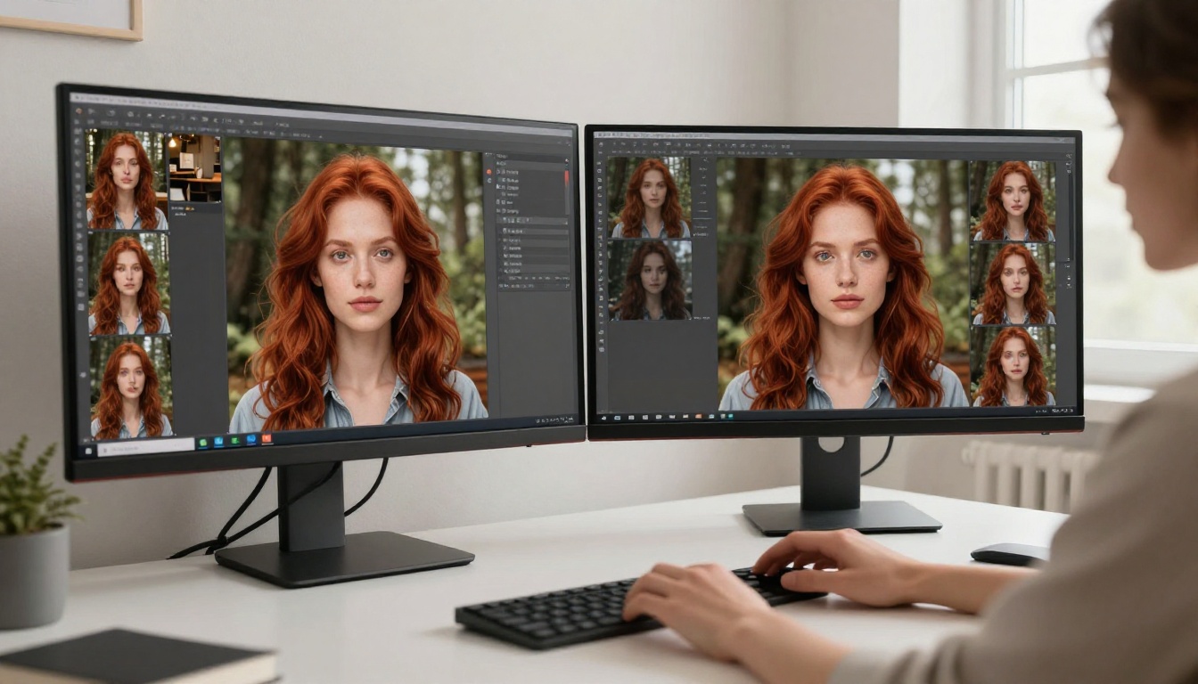 Content creator reviewing consistent AI character portraits arranged in grids on dual curved monitors at a professional white desk workspace Content creator reviewing consistent AI character portraits arranged in grids on dual curved monitors at a professional white desk workspace