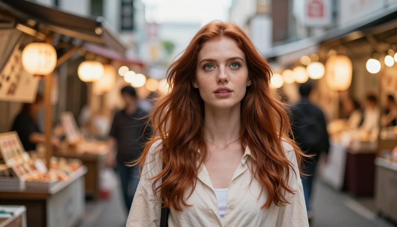 Beautiful auburn-haired woman walking confidently through Tokyo street market at dusk with consistent facial features under warm amber lantern light and soft string-light bokeh Beautiful auburn-haired woman walking confidently through Tokyo street market at dusk with consistent facial features under warm amber lantern light and soft string-light bokeh