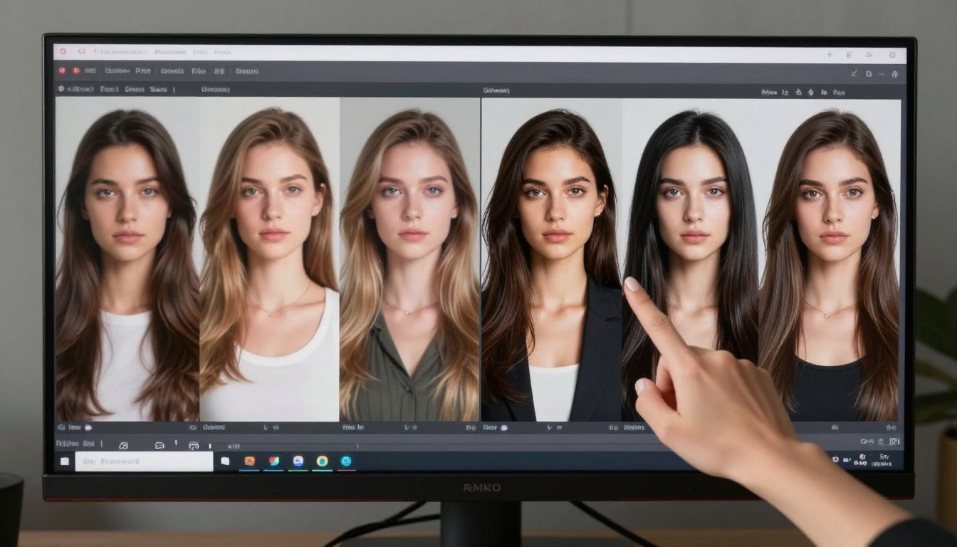 Side-by-side AI image comparison on large studio monitor showing inconsistent character portraits on left versus perfectly-consistent portrait series on right, designer's hand pointing at screen Side-by-side AI image comparison on large studio monitor showing inconsistent character portraits on left versus perfectly-consistent portrait series on right, designer's hand pointing at screen