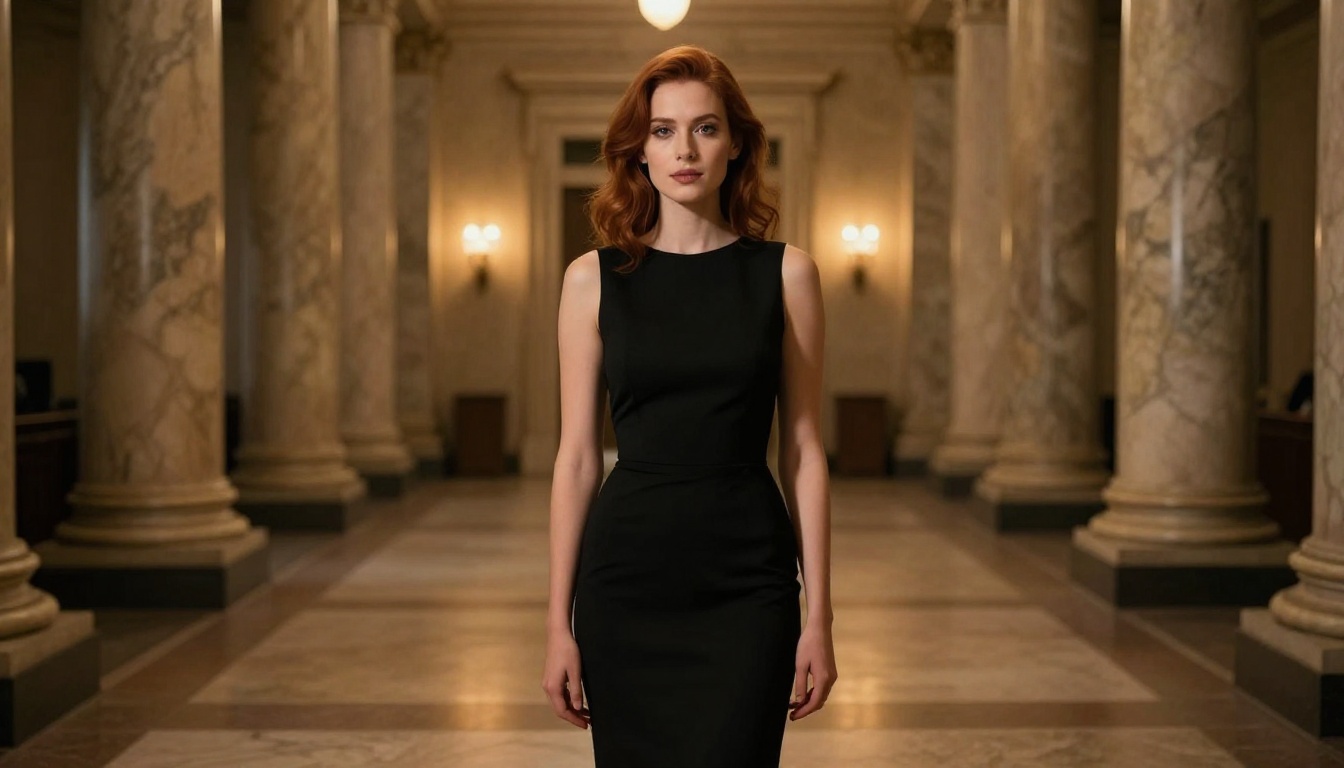 Beautiful auburn-haired woman in elegant fitted black evening gown in grand marble-column interior with dramatic 45-degree overhead spotlight and 85mm portrait bokeh Beautiful auburn-haired woman in elegant fitted black evening gown in grand marble-column interior with dramatic 45-degree overhead spotlight and 85mm portrait bokeh