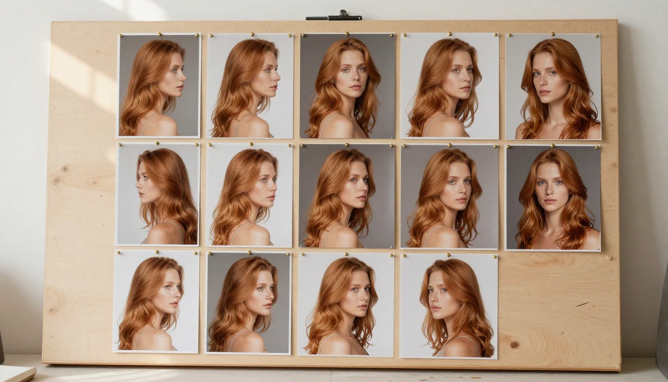 Artist's wooden reference board with pinned photographs of the same character from multiple angles under soft skylight illumination