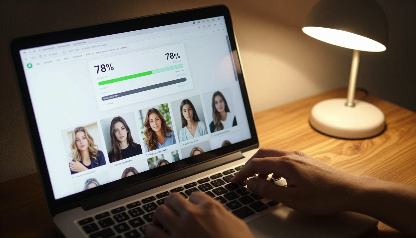 LoRA character training interface on laptop showing reference image grid and 78 percent training progress bar with warm tungsten desk lamp illumination